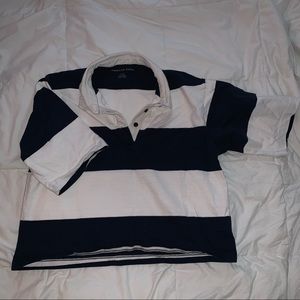 Navy blue and white striped button up tshirt